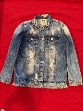 Jaase woman’s Distressed Denim Jacket - Blue with hand embroidery on back